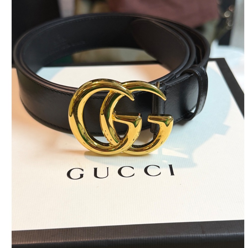 Gucci GG Marmont Black Leather Gold Double G Belt 85/34 New w Box Receipt